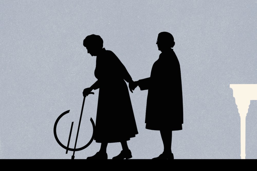 Stooped elderly woman with a cane and Euro symbol
