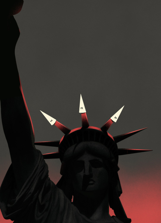 head of the Statue of Liberty with masks of the Ku Klux Klan on the head wreath