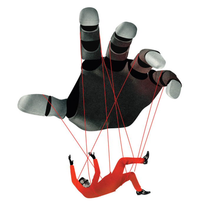 man on the strings of a robotic hand