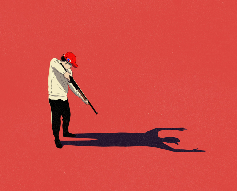 a boy with a gun aiming on his own shadow