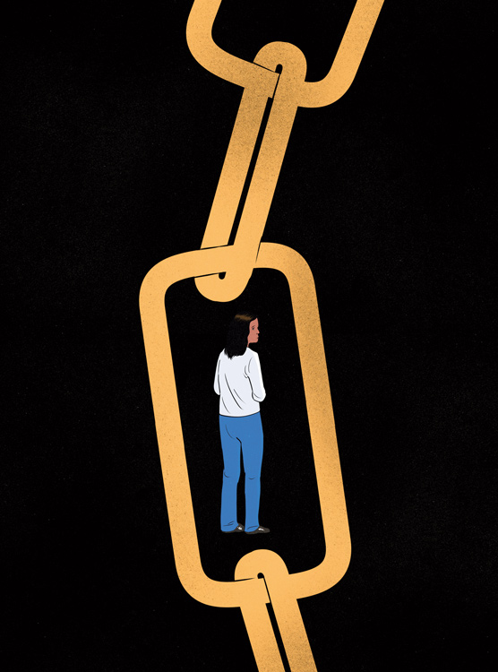 view through chains at woman 