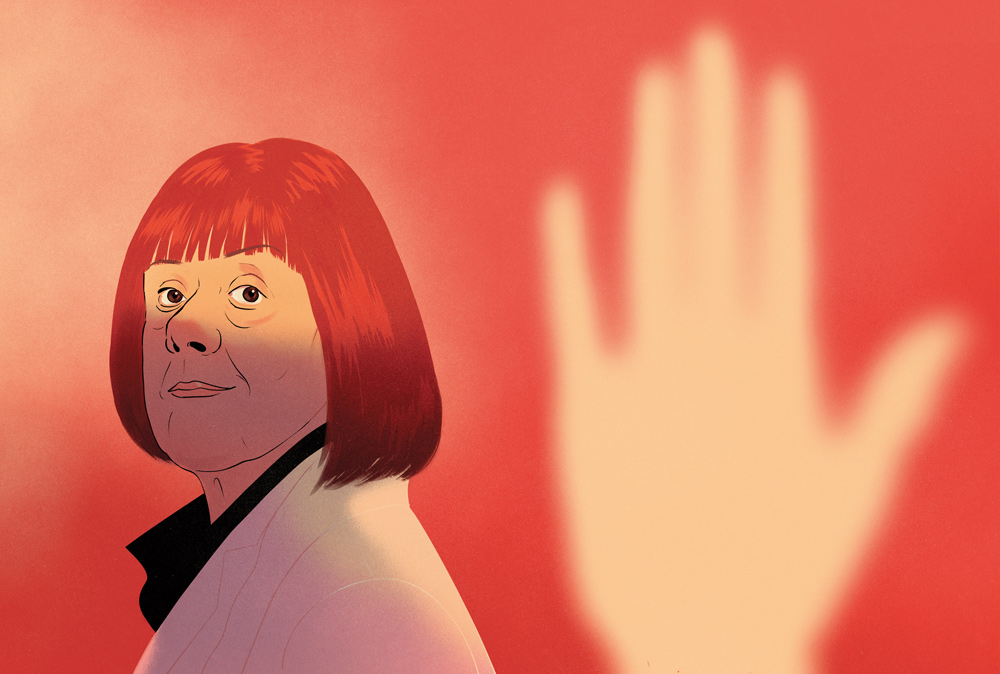 portrait of gisèle pelicot on red ground with huge hand beside her 