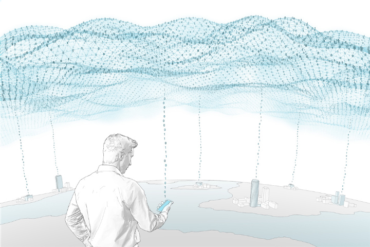 man with smartphone under data cloud 