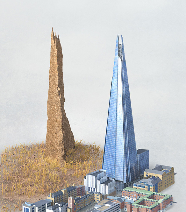 3D illustration of a termite mound and the building The Shard in London 