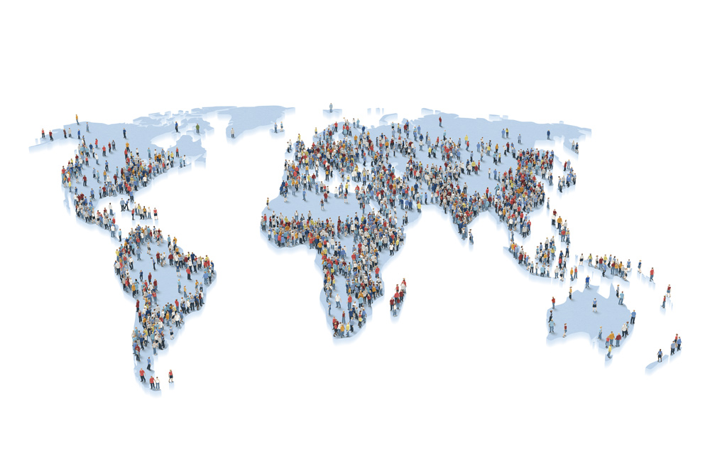 illustration of a map of the world with people on the different countries