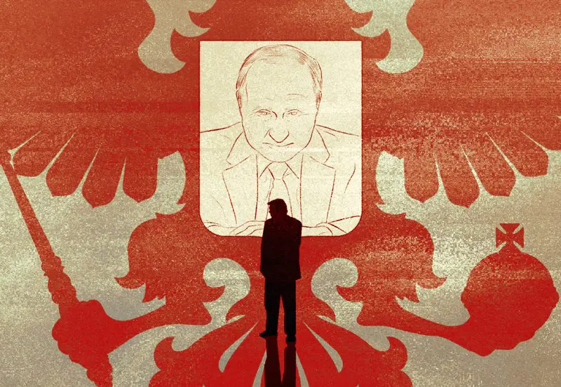 silhouette of trump in front of an image of putin 