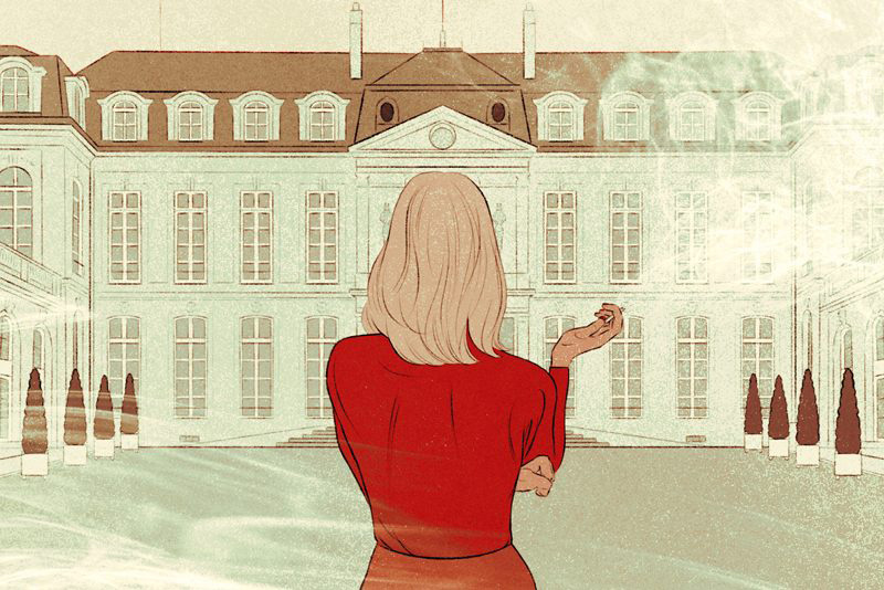 woman in front of a castle