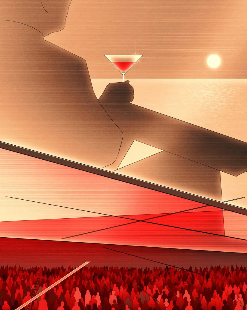 crowd of people in front of a silhouett of a man with cocktail glass