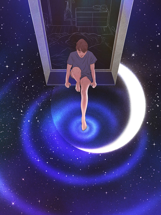 Isabel Seliger / young woman sitting in a window frame touching the cosmic atmosphere with her feed