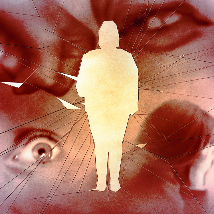 silhouette of a woman in front of shattered glass