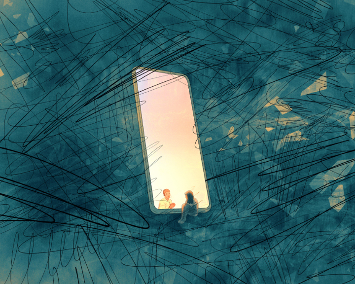 sitting girl in front of huge smartphone