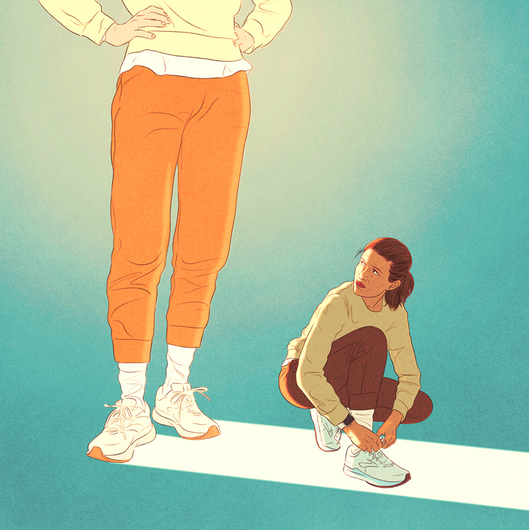 woman is tying her running shoes in the shadow of a person standing nearby 