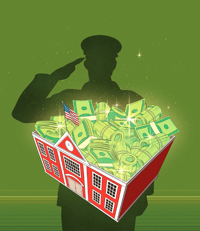 shadow of soldier behind school full of banknotes