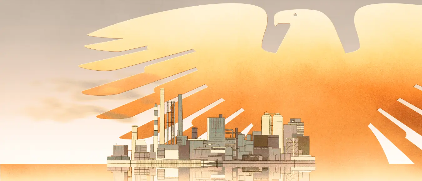 big German eagle behind industrial buidlings