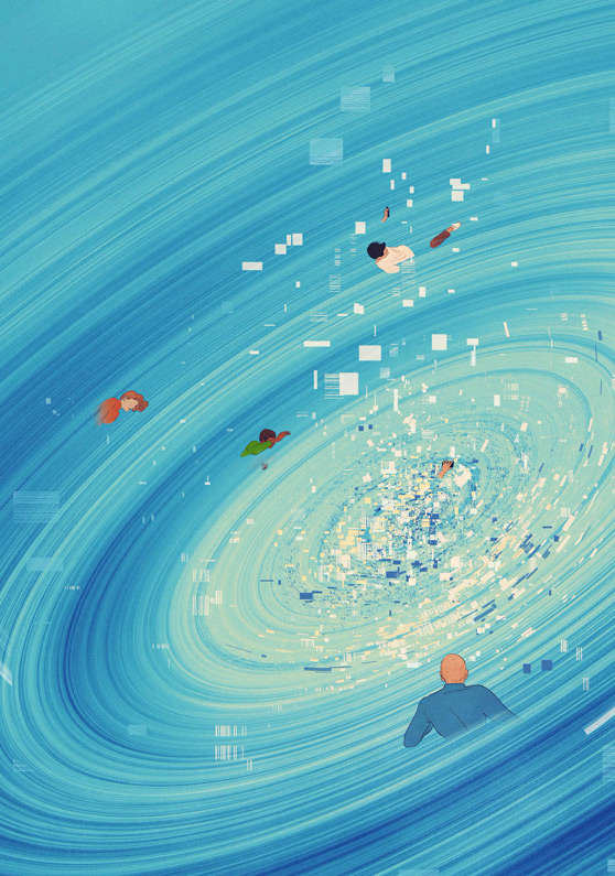 people in digital fragmented vortex