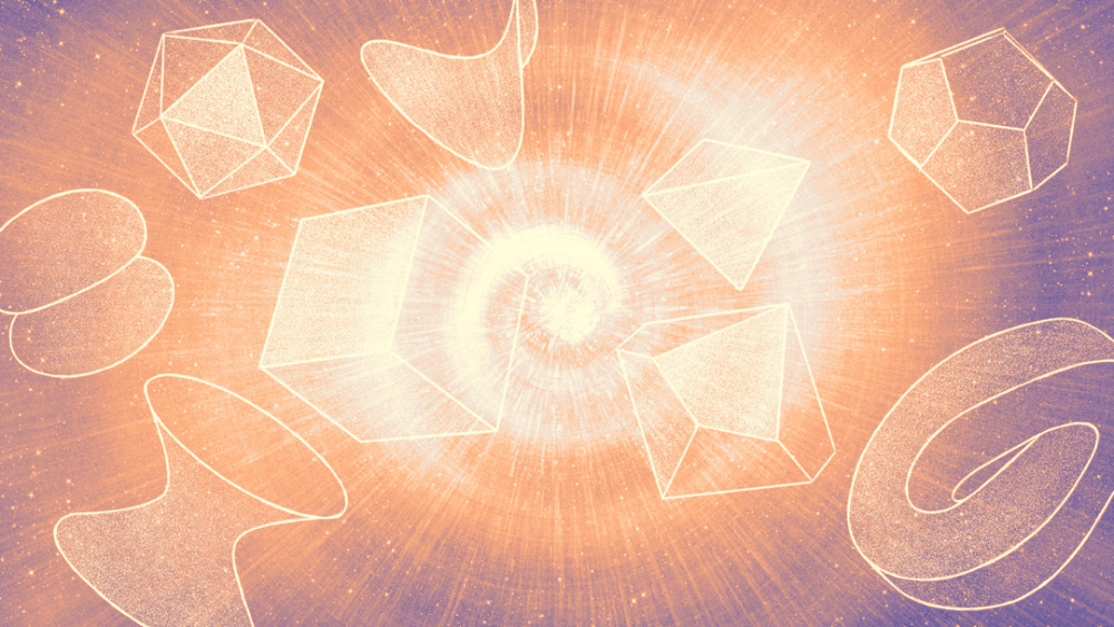 geometrical objects flying in front of a spiral