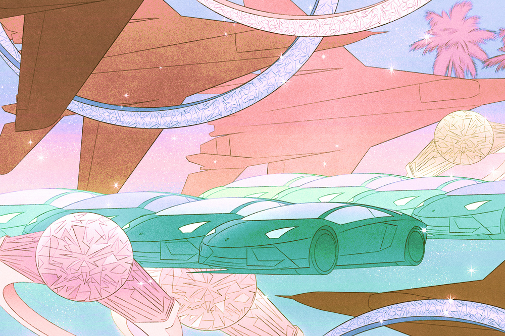 collage of luxury cars, diamont rings, jet aircrafts