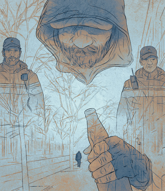 homeless man with bottle and police