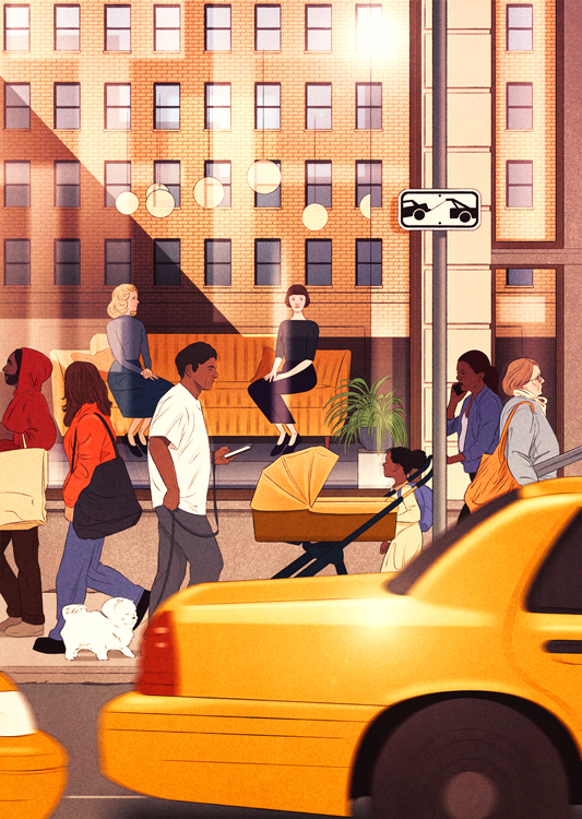 two girls on a sofa watching a street with people and yellow cars