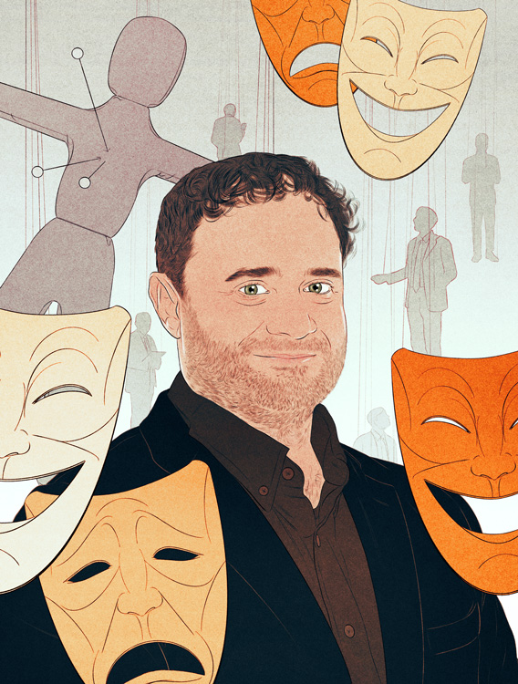 portrait of Daniel Jones with flying theater masks
