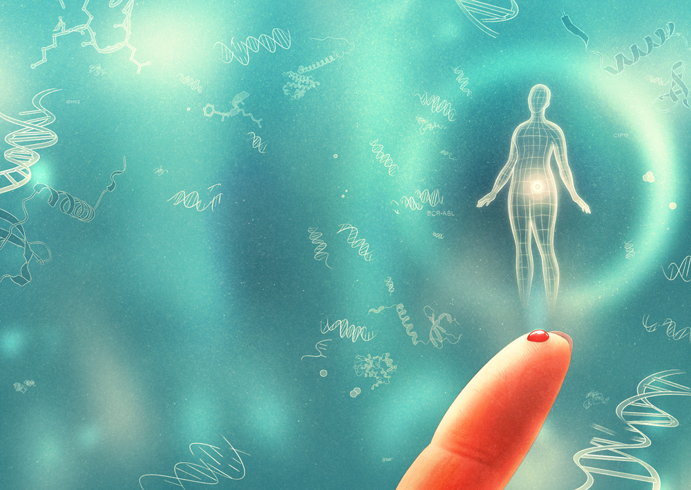 finger with blood drop in front of grid of a human